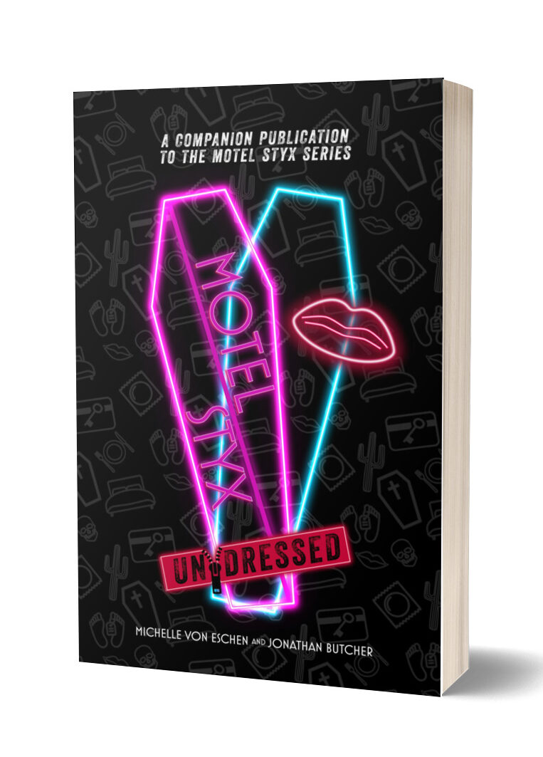 Cover of Motel Styx Undressed with a neon pink coffin lid sliding off of a neon blue coffin. A red neon set of lips is set to the right
